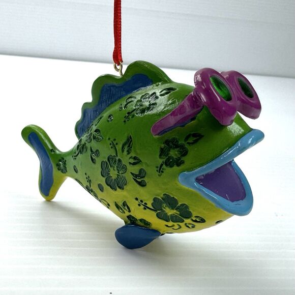 Fish in Sunglasses Christmas Ornament Tropical Beach Fun Glazed Hibiscus - Picture 8 of 9